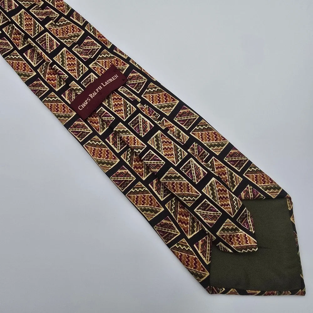 Chaps Ralph Lauren Mens Silk Tie Geometric Tribal Pattern Black Gold Burgundy